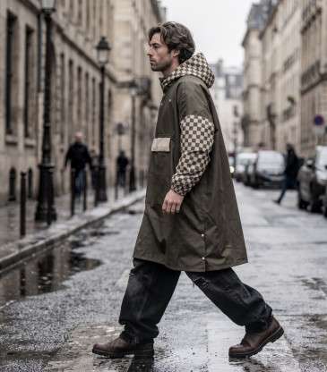 Poncho long damier kaki