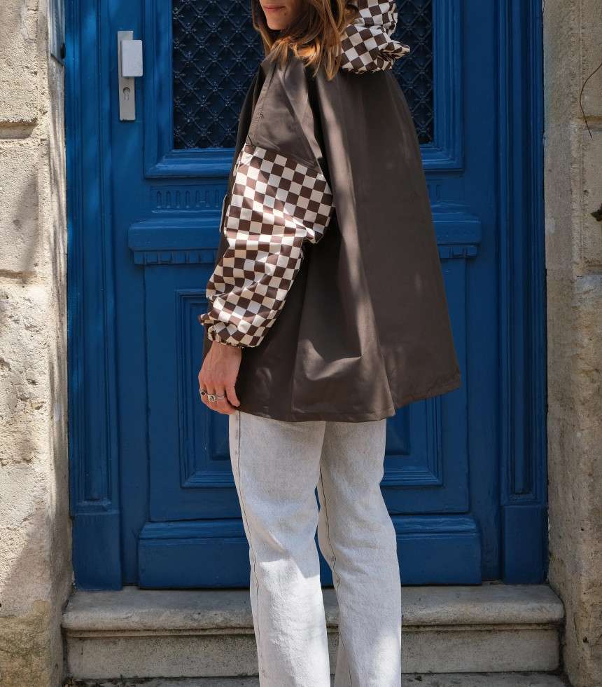 Poncho de pluie court damier kaki