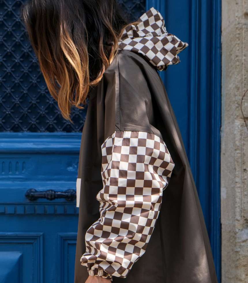 Poncho de pluie court damier kaki