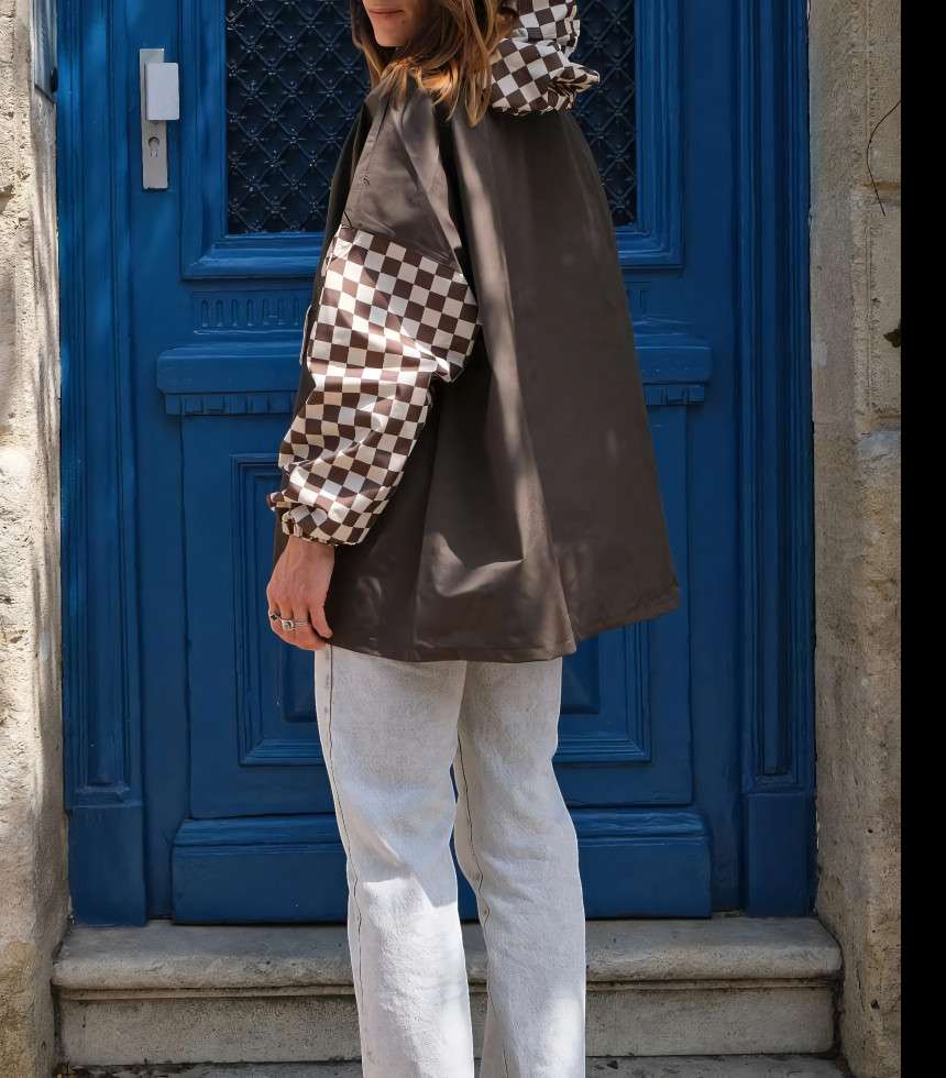 Poncho de pluie court damier kaki