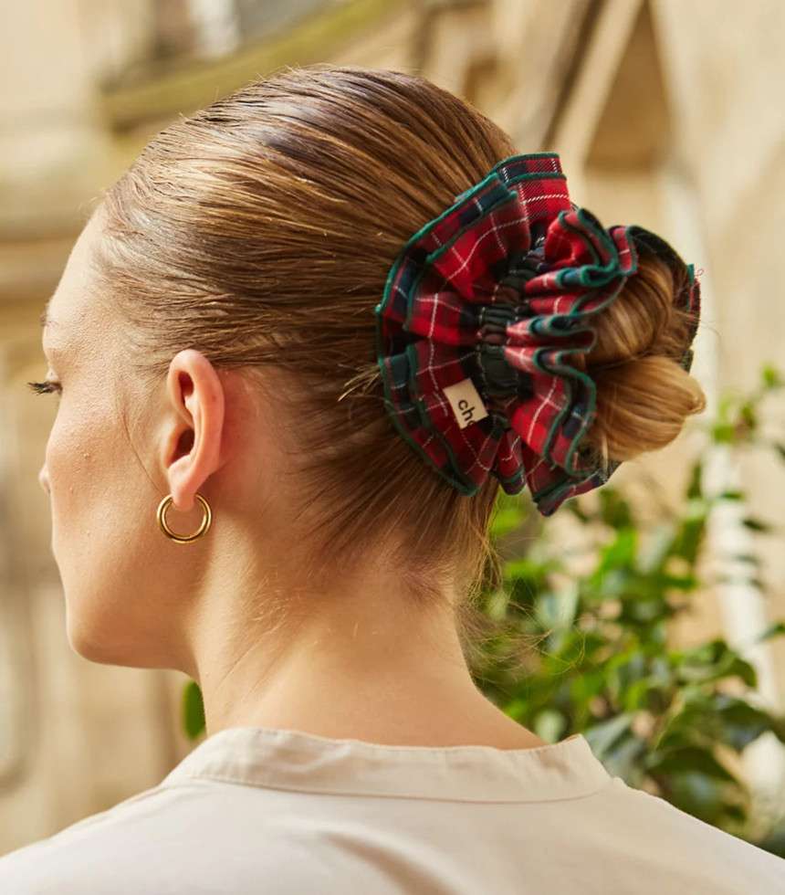 Maxi chouchou tartan rouge et vert bord vert