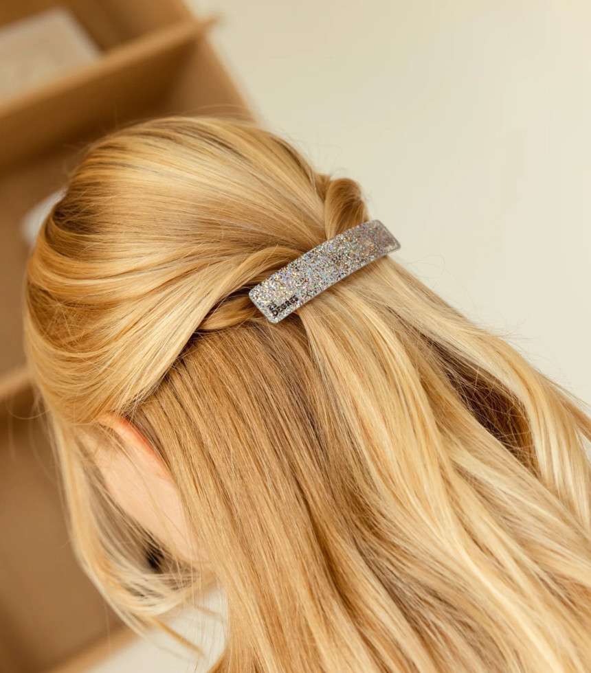 Barrette clic-clac paillettes argent 9 cm